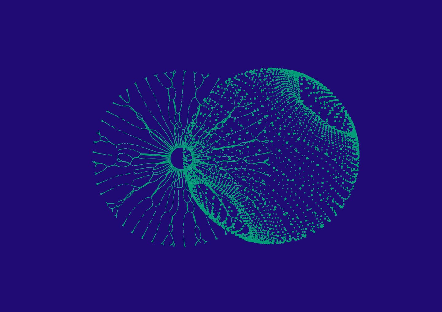 Abstract digital illustration of a teal neural network or biological structure radiating from a central point on deep purple background.